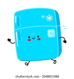 Cute funny running fridge. Vector hand drawn cartoon kawaii character illustration icon. Isolated on white background. Run fridge concept svg