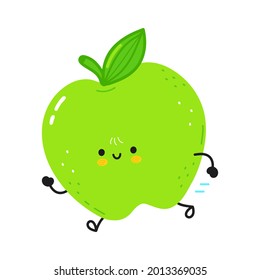 Una manzana verde muy graciosa. Caricatura dibujada a mano del vector icono de ilustración del personaje kawaii. Aislado sobre fondo blanco. Concepto de manzana verde en ejecución