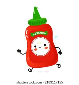 Cute funny running ketchup. Vector hand drawn cartoon kawaii character illustration icon. Isolated on white background. Run happy ketchup concept