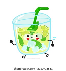 Cute funny running mojito. Vector hand drawn cartoon kawaii character illustration icon. Isolated on white background. Run happy mojito concept