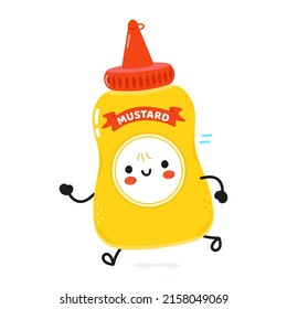 Cute funny running mustard. Vector hand drawn cartoon kawaii character illustration icon. Isolated on white background. Run happy mustard in bottle concept
