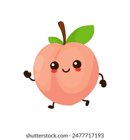 Cute funny running peach fruit. Vector hand drawn cartoon kawaii character