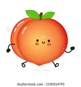 Cute funny running peach. Vector hand drawn cartoon kawaii character illustration icon. Isolated on white background. Run happy peach concept