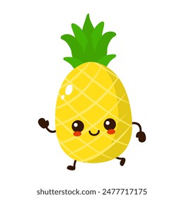 Lindo divertido correr fruta de piña. Vector dibujado a mano de dibujos animados kawaii personaje