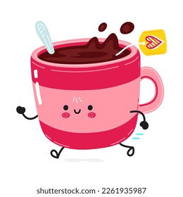 Cute funny running pink cup of tea. Vector hand drawn cartoon kawaii character illustration icon. Isolated on white background. Run pink cup of tea concept
