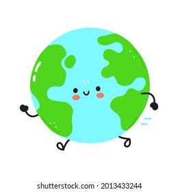 Cute funny running planet Earth. Vector hand drawn cartoon kawaii character illustration icon. Isolated on white background. Running planet Earth concept