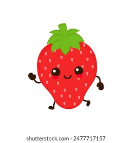 Cute funny running strawberry fruit. Vector hand drawn cartoon kawaii character