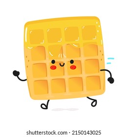 Cute funny running waffles. Vector hand drawn cartoon kawaii character illustration icon. Isolated on white background. Run happy wafer concept