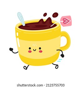 
Cute funny running yellow cup of tea.Vector hand drawn cartoon kawaii character illustration icon. Isolated white background.Run yellow cup tea emoji,child,face,adorable,kids,healthy,kawaii concept

