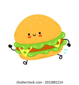 Cute funny running,run burger hamburger delivery. Vector hand drawn cartoon kawaii character illustration icon.Isolated on white background.Run,juggle,fast delivery burger,funny kids hamburger concept