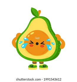 Cute funny sad avocado with baby face. Vector cartoon kawaii character illustration kids emoji icon. Isolated on white background. Avocado child poster, card cartoon character concept