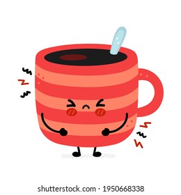 Cute funny sad coffee mug. Vector hand drawn cartoon kawaii character illustration icon. Isolated on white background. Coffee or tea cup, mug character concept