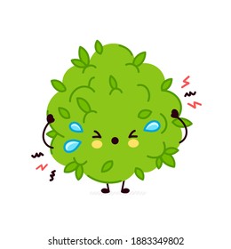 Cute lustige traurige schreien Marihuana Unkraut Charakter. Vektorgrafik mit flacher Linie Kawaii Zeichentricksymbol. Einzeln auf weißem Hintergrund. Maskottkonzept für Unkraut-Gesichtszeichen