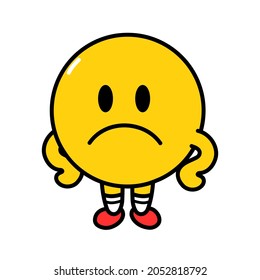 Cute funny sad emoji face. Vector flat line doodle cartoon kawaii character illustration icon. Isolated on white background. Yellow emoji circle character concept