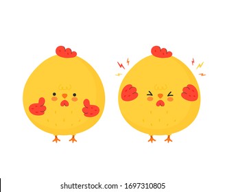 Cute funny sad and happy chicken cock. Vector cartoon character illustration icon design.Isolated on white background