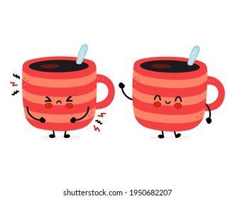 Cute funny sad and happy coffee mugs. Vector hand drawn cartoon kawaii character illustration icons isolated on white background. Coffee or tea cup, mug character concept