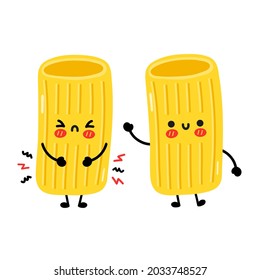 Cute funny sad and happy macaroni pasta noodles character. Vector hand drawn cartoon kawaii character illustration. Isolated on white background. Cute macaroni noodles pasta cartoon mascot concept