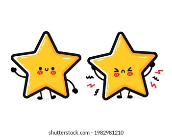 Cute funny sad and happy star sign character. Vector hand drawn cartoon kawaii character illustration icon. Isolated on white background. Star rating symbol, good,bad review doodle character concept