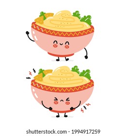 Carácter divertido, triste y feliz, tradicional del tazón de humus. Icono de ilustración del personaje kawaii de dibujos animados planos. Aislado sobre fondo blanco. Hummus bowl, concepto de personaje de caricatura sobre comida árabe