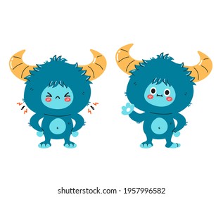 Cute funny sad and happy yeti monster character. Vector hand drawn cartoon kawaii character illustration icon. Isolated on white background. Yeti, Bigfoot baby cartoon character concept