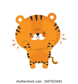 Cute funny sad little tiger. Vector cartoon character illustration icon design.Isolated on white background