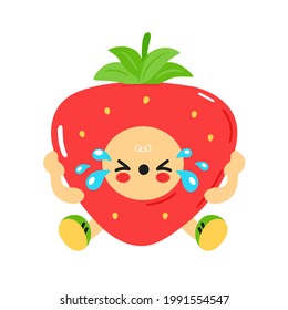 Cute funny sad strawberry with baby face. Vector cartoon kawaii character illustration kids emoji icon. Isolated on white background. Strawberry child poster, card cartoon character concept