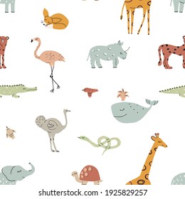 Cute funny safari animals seamless vector pattern. Infantile Style nursery art with cheetahs, foxes, elephants, rhinos, ostrich, lizard, giraffe, bird, whale ideal for fabric, Textile. Boho colors