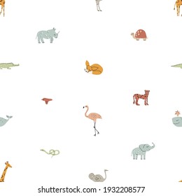 Cute funny safari animals seamless vector pattern. Infantile Style nursery art with cheetahs, foxes, elephants, rhinos, ostrich, giraffe, bird, whale ideal for fabric, Textile. Boho colors