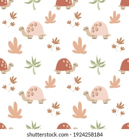 Cute funny safari seamless vector pattern with turtle and floral elements. Infantile style nursery art with pink turtle ideal for Fabric, Textile. Hand drawn modern illustration in Boho colors.