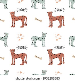 Cute funny safary seamless vector pattern with cheetahs, bones and roar quotes. Infantile style nursery Art with leopard cats perfect for Fabric, Textile. Hand drawn modern illustration in nice colors