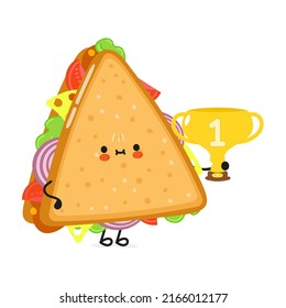 Cute funny sandwich hold gold trophy cup. Vector hand drawn cartoon kawaii character illustration icon. Isolated on white background. Happy sandwich with winner trophy cup