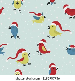 Cute funny santa claus birds seamless pattern Elements for christmas greeting card, poster design. Vector illustration