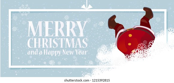 Cute, funny Santa Claus cartoon character hanging upside down in snowdrift. Vector illustration. Horizontal banner with paper gift frame. Snowing sky background. Head over heels