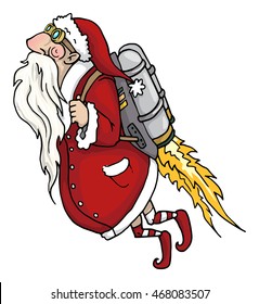 Cute and funny Santa Claus character, going up with a jet pack, isolated on white, vector illustration
