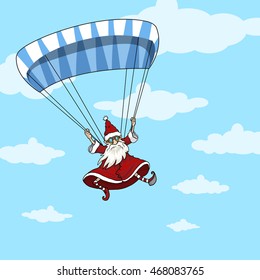 Cute and funny Santa Claus character, flying with a parachute, on blue sky background, vector illustration