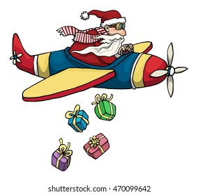 Cute and funny Santa Claus character, flying with plane, dropping down gifts, vector illustration