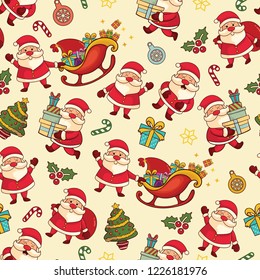 Cute and funny Santa Claus characters Christmas Seamless Pattern with Christmas elements For wrapper, apparel, textile,background,wallpaper and print