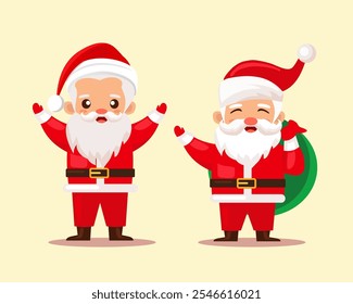 Lindos personajes divertidos de Santa Claus con bolsa de regalo y árbol de Navidad en diferentes poses, emociones, situaciones de vacaciones. Navidades Ilustración vectorial de vacaciones en estilo de dibujos animados plana
