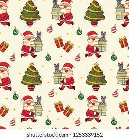 Cute and Funny Santa Claus Christmas Seamless Pattern, warm colors, wrapper, apparel, textile and print