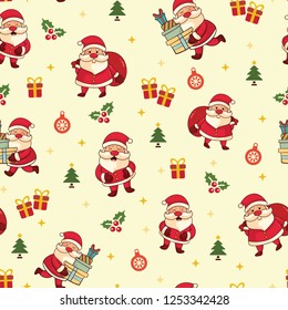 Cute and Funny Santa Claus Christmas Seamless Pattern, warm colors, wrapper, apparel, textile and print