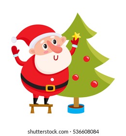 Cute and funny Santa Claus decorating a Christmas tree, cartoon vector illustration isolated on white background. Cartoon Santa Claus hanging balls on Christmas tree, holiday season decoration element