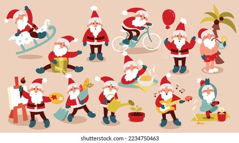 Bonito y divertido juego de íconos planos de Santa Claus. Celebración de las vacaciones de invierno. Diferentes Santa Clauses dibujan, cocinan, montan en bicicleta, van de compras. Listo para Navidad. Ilustraciones aisladas de color