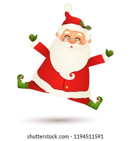 Cute, funny Santa Claus with glasses, feeling excited isolated on white background. Santa Clause jumping, waving his arms for winter and new year holidays. Happy Santa Claus vector cartoon character.