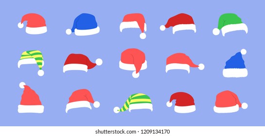 Cute funny Santa Claus hat with fluffy white fur for christmas party set. Winter holiday and christmas celebration. Flat vector illustration