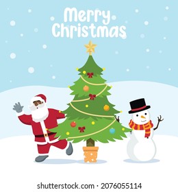 Cute funny Santa Claus hiding behind Christmas tree on a snowy hill. Merry Christmas flat vector illustration