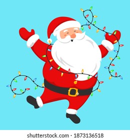 Cute funny Santa Claus holding bright garland vector isolated. Merry Christmas and a Happy New Year. Character in red clothes with white beard smiling. Cartoon Santa having fun.