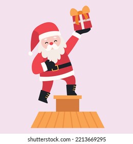 Cute Funny Santa Claus with a Present on the Roof, Vector Hand Drawn Design, Cartoon Style, Happy Character
