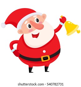 Cute and funny Santa Claus ringing golden Christmas bell, cartoon vector illustration isolated on white background. Santa Claus ringing a bell, Christmas attribute, holiday season decoration element