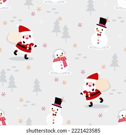 Cute Funny Santa Claus and Snowman Seamless Pattern