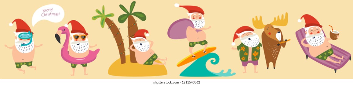 Cute funny Santa Claus in tropics. Vector set.